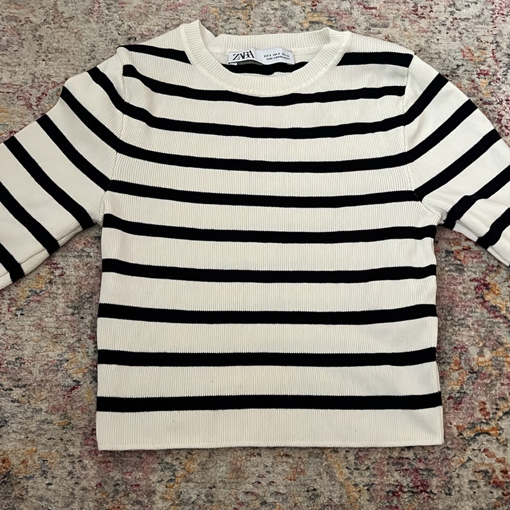 Zara Black and White Crew Neck Striped Sweater